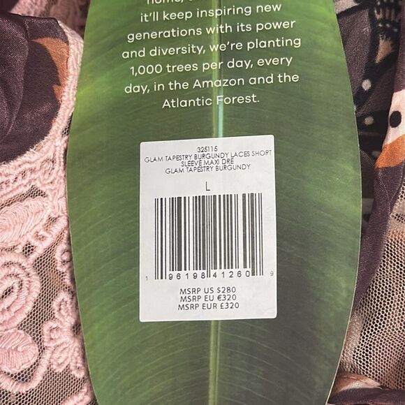FARM Rio‎ Glam Tapestry Burgundy Lace Short Sleeve Maxi Dress Size Large - Picture 9 of 10
